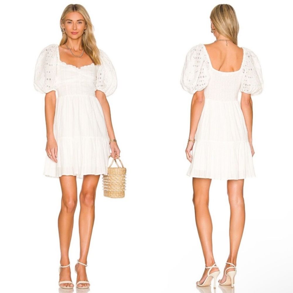 Heartloom White Cella Embroidered Eyelet Puff Sleeve Mini Dress Women Size Mediu